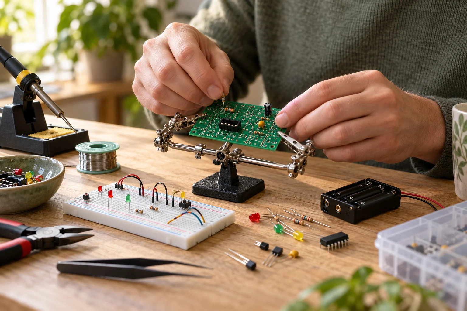 Kleine elektronische onderdelen op een printplaat aan een hobbywerkbank